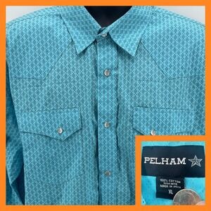 Pelham Mens XL Western Shirt Turquoise Diamond Print Long Sleeve‎ Cowboy